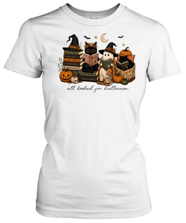 All Booked For Halloween Reading Ghost And Black Cats Graphic  Classic Women's T-shirt