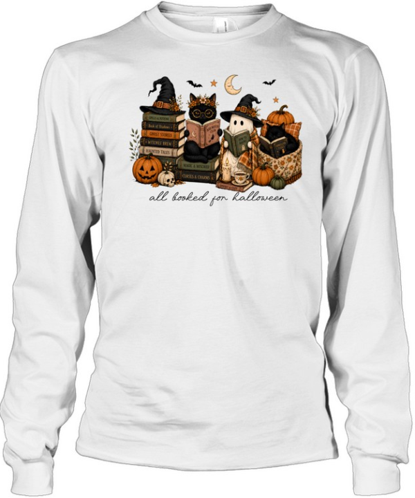 All Booked For Halloween Reading Ghost And Black Cats Graphic Long Sleeved T-shirt