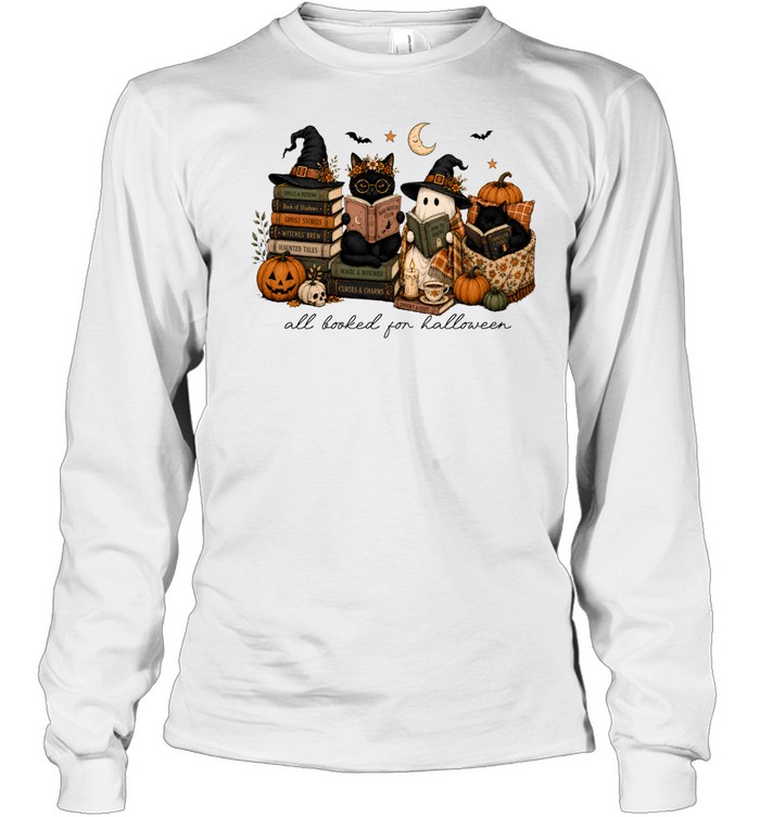 All Booked For Halloween Reading Ghost And Black Cats Graphic Long Sleeved T-shirt
