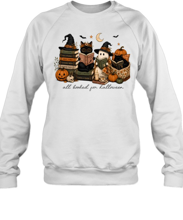 All Booked For Halloween Reading Ghost And Black Cats Graphic Unisex Sweatshirt