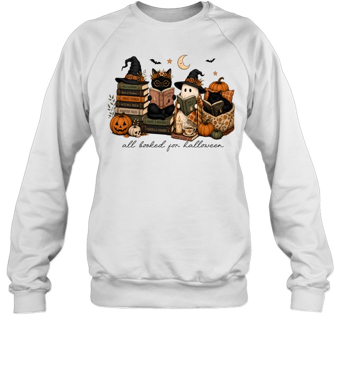 All Booked For Halloween Reading Ghost And Black Cats Graphic Unisex Sweatshirt All Booked For Halloween Reading Ghost And Black Cats Graphic Unisex Sweatshirt