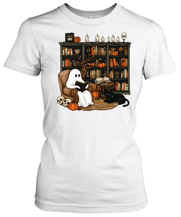 Cozy Bookworm Ghost Reading Books In Library Halloween  Classic Women's T-shirt
