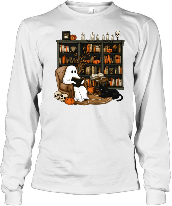 Cozy Bookworm Ghost Reading Books In Library Halloween  Long Sleeved T-shirt