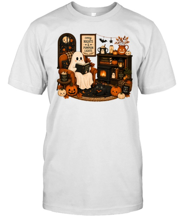 Cozy Nights & Pumpkin Lights Ghost Reading Book Classic Men's T-shirt