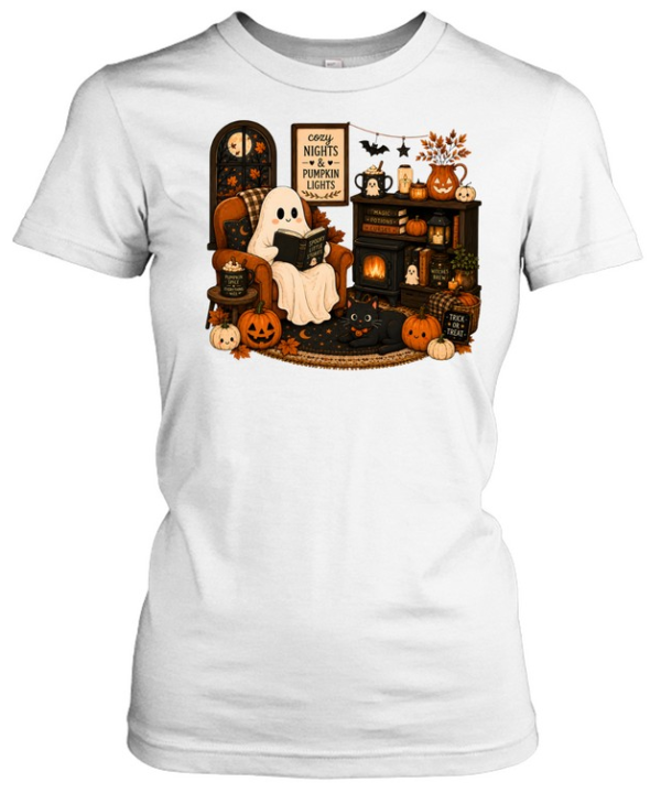 Cozy Nights & Pumpkin Lights Ghost Reading Book  Classic Women's T-shirt