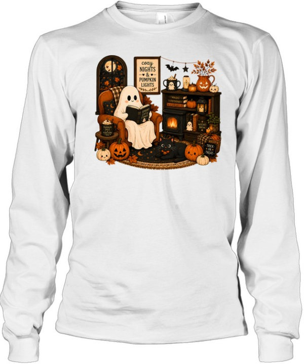 Cozy Nights & Pumpkin Lights Ghost Reading Book  Long Sleeved T-shirt