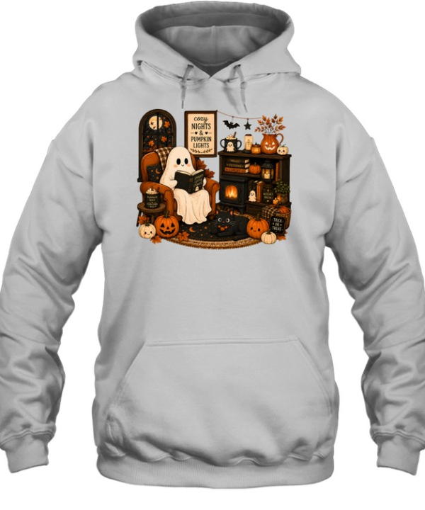 Cozy Nights & Pumpkin Lights Ghost Reading Book  Unisex Hoodie