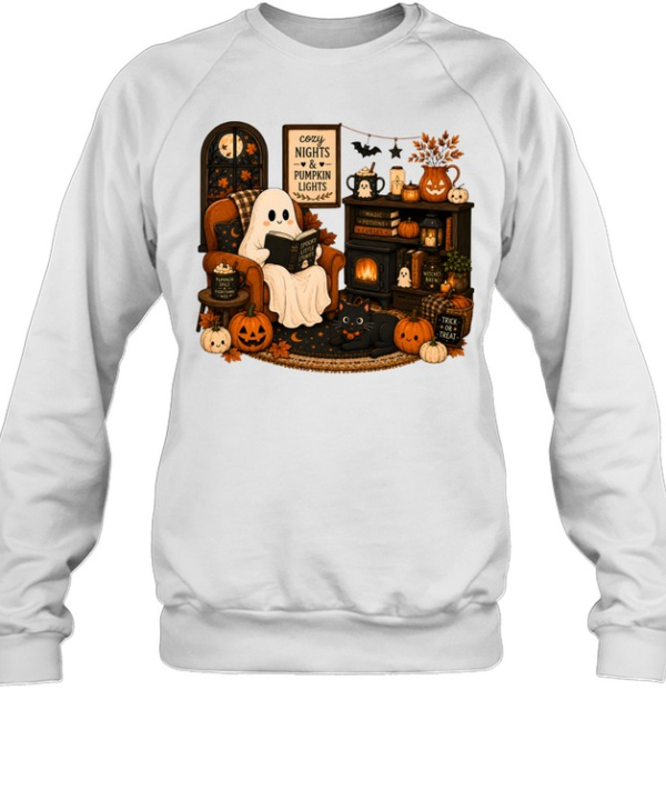 Cozy Nights & Pumpkin Lights Ghost Reading Book  Unisex Sweatshirt