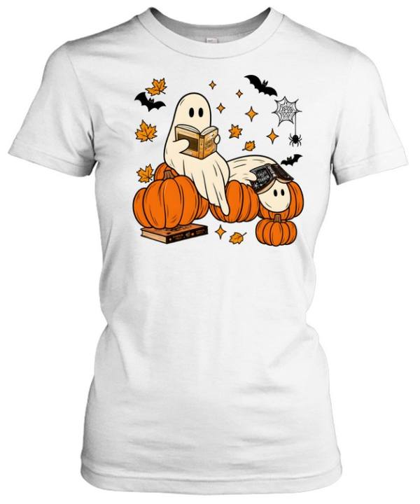 Cozy Reading Ghosts On Pumpkins Fantasy Book Lover  Classic Women's T-shirt