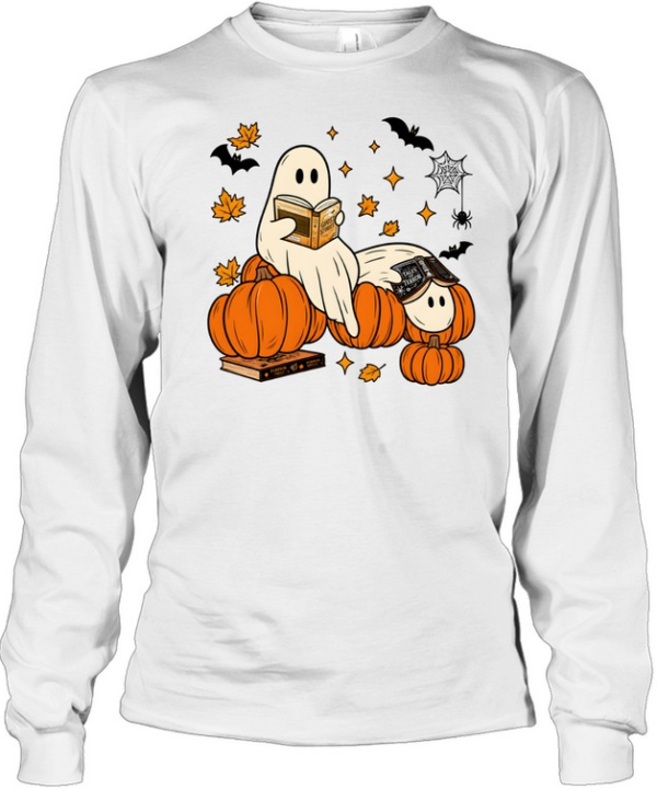 Cozy Reading Ghosts On Pumpkins Fantasy Book Lover  Long Sleeved T-shirt