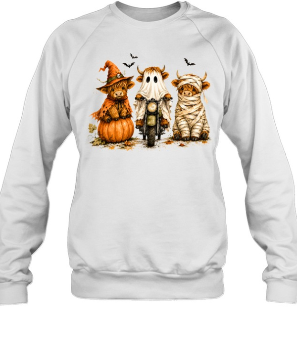 Cute Halloween Highland Cows Ghost Witch Mummy Graphic  Unisex Sweatshirt
