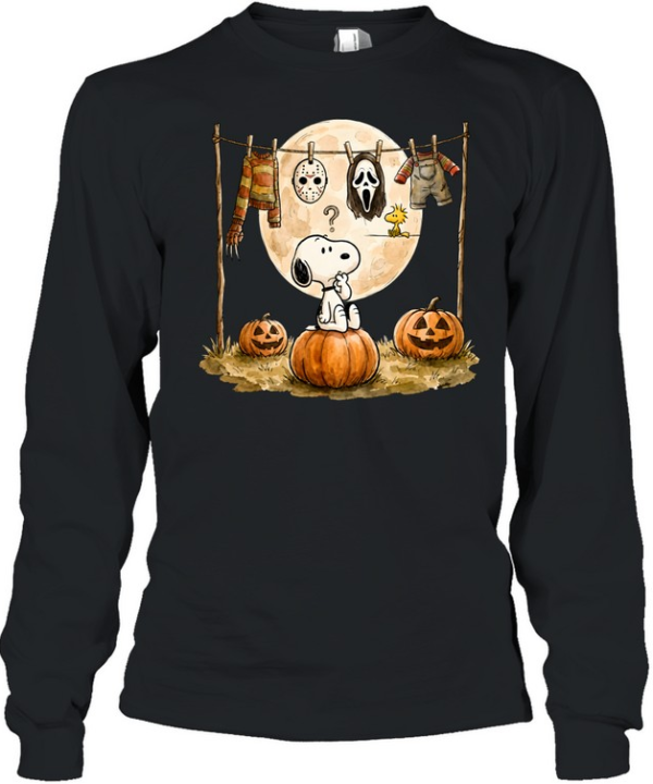 Cute Snoopy Choosing Halloween Costume Slasher Squad Graphic Long Sleeved T-shirt