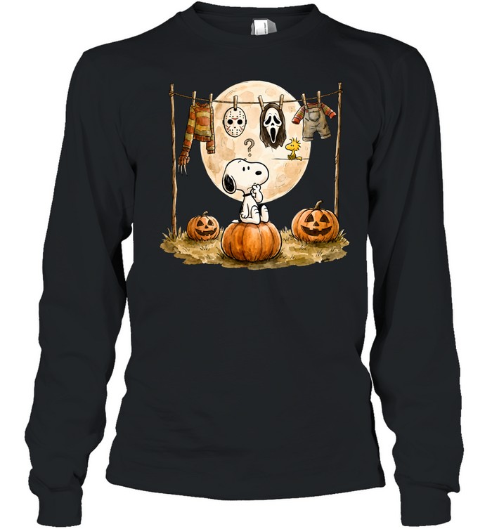Cute Snoopy Choosing Halloween Costume Slasher Squad Graphic Long Sleeved T-shirt