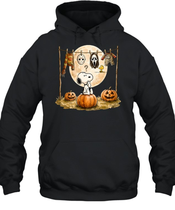 Cute Snoopy Choosing Halloween Costume Slasher Squad Graphic Unisex Hoodie