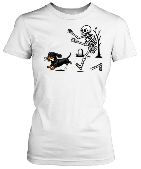 Dachshund Stealing Bone From Skeleton Cute Halloween  Classic Women's T-shirt