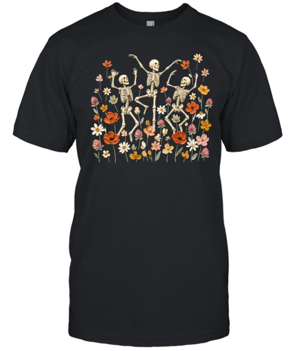 Dancing Skeletons In Wildflower Meadow Textured Oil Painting Olive Classic Men's T-shirt