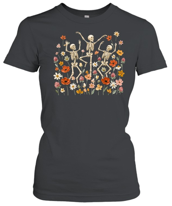 Dancing Skeletons In Wildflower Meadow Textured Oil Painting Olive  Classic Women's T-shirt