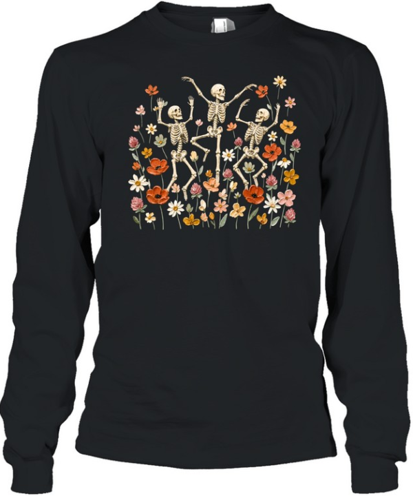 Dancing Skeletons In Wildflower Meadow Textured Oil Painting Olive  Long Sleeved T-shirt