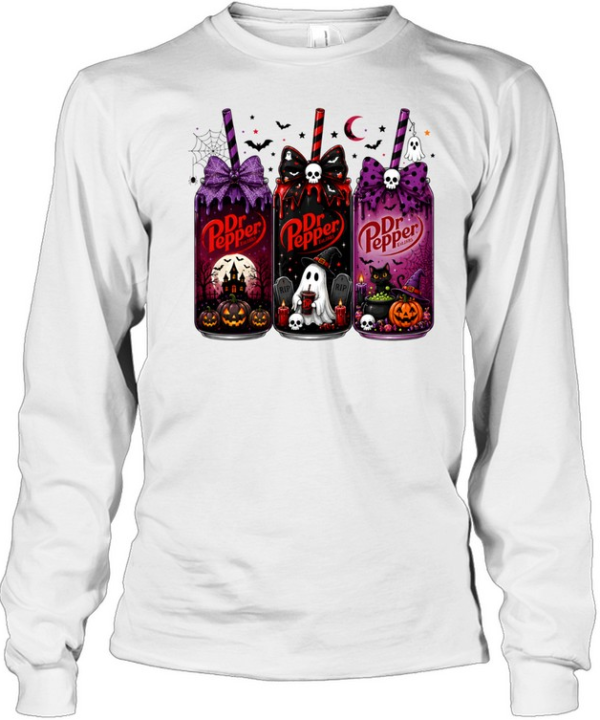 Dr Pepper Halloween Cans Ghost Witch Spooky Graphic  Long Sleeved T-shirt