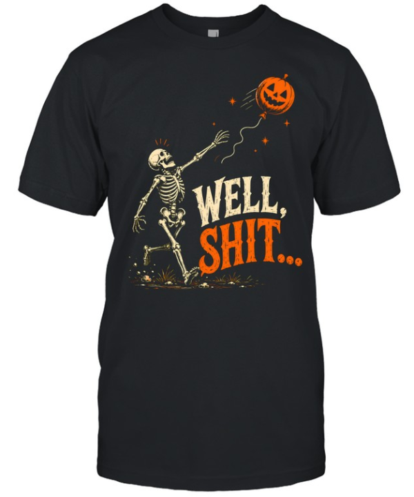 Funny Well Shit Skeleton Chasing Pumpkin Balloon Halloween  Classic Men's T-shirt