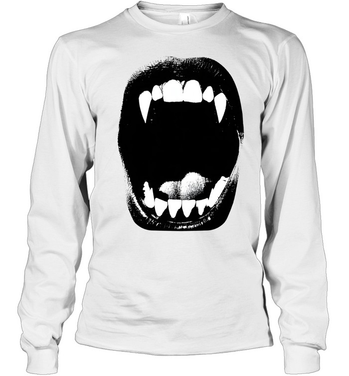 High-Contrast Vampire Fangs Screaming Mouth Gothic Grunge Long Sleeved T-shirt