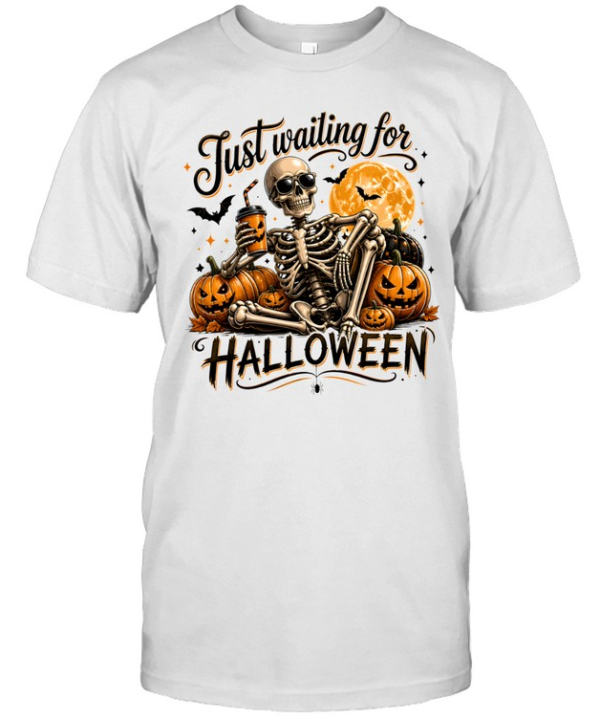Just Waiting For Halloween Skeleton Drinking Coffee Pumpkin Classic Men's T-shirt