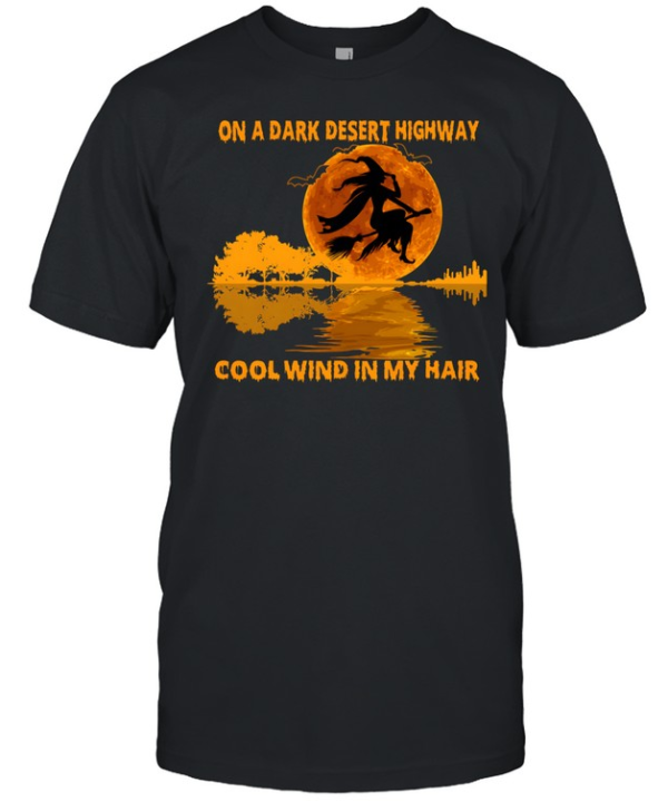 On A Dark Desert Highway Flying Witch Guitar Reflection Halloween  Classic Men's T-shirt