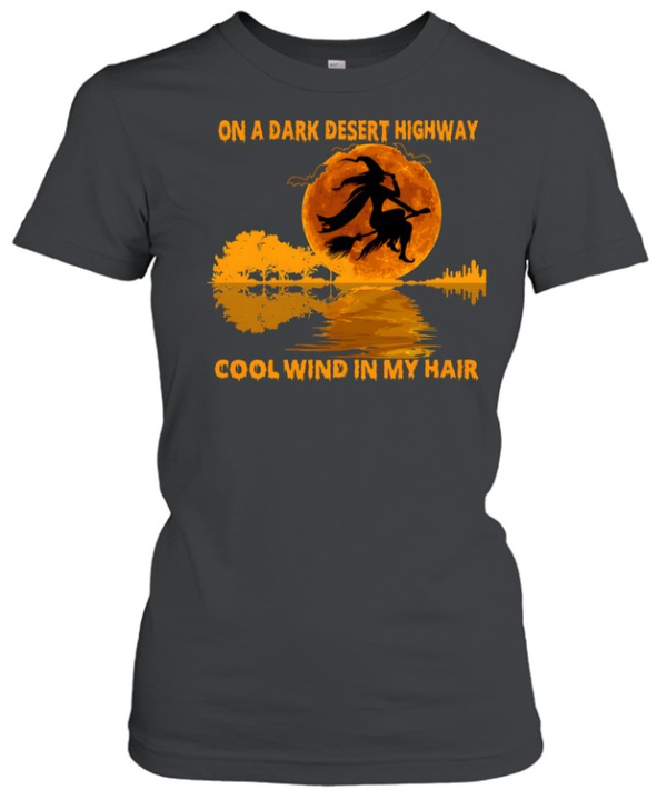 On A Dark Desert Highway Flying Witch Guitar Reflection Halloween  Classic Women's T-shirt