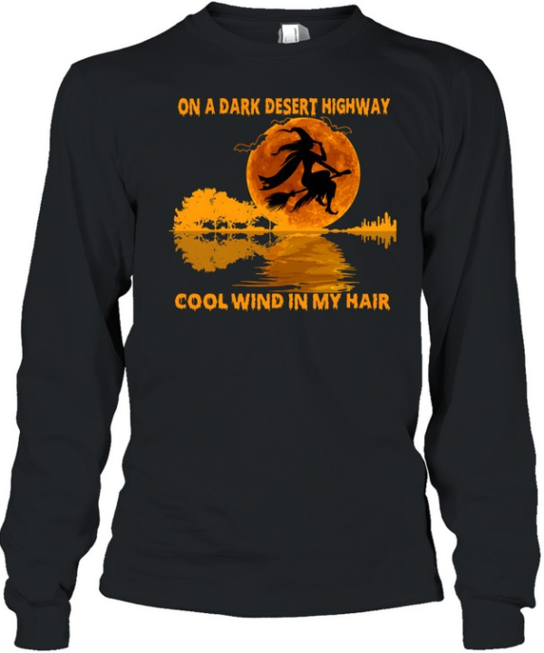 On A Dark Desert Highway Flying Witch Guitar Reflection Halloween Long Sleeved T-shirt