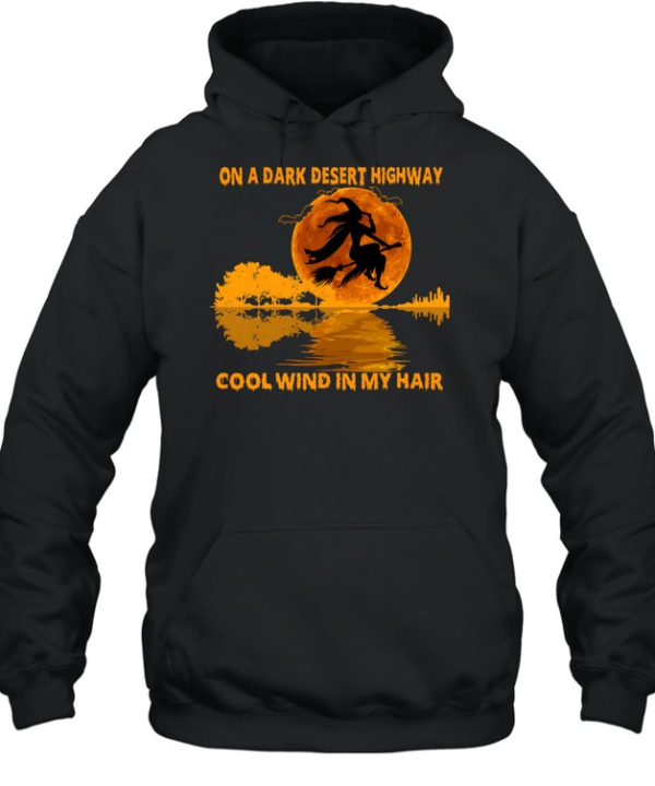 On A Dark Desert Highway Flying Witch Guitar Reflection Halloween Unisex Hoodie