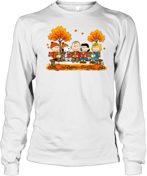 Peanuts Snoopy Autumn Fall Sitting On Bench Drinking Coffee  Long Sleeved T-shirt