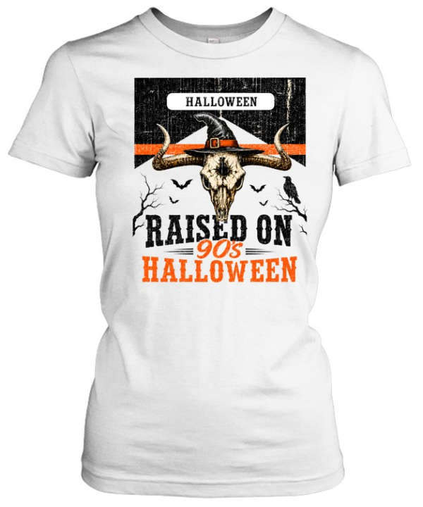 Raised On 90s Halloween Bull Skull Witch Hat Western Graphic  Classic Women's T-shirt