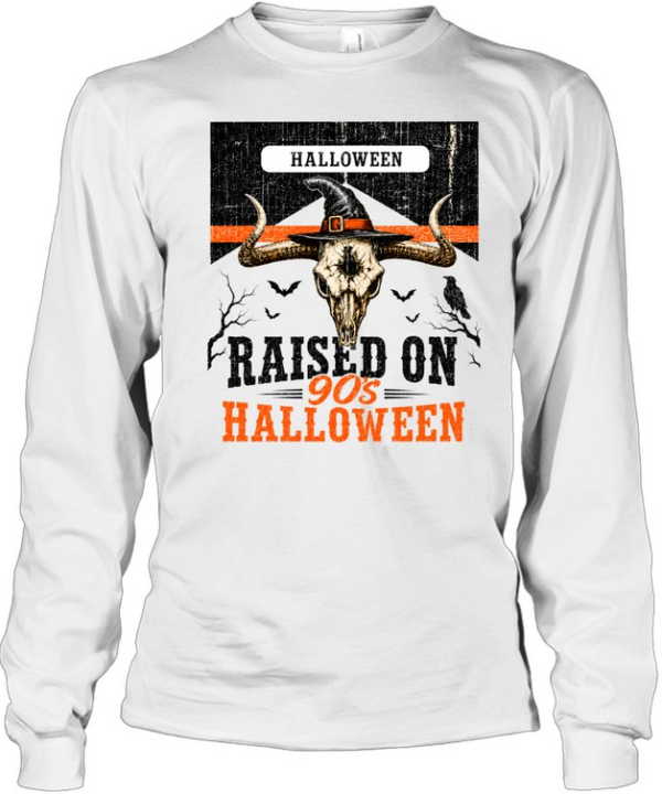 Raised On 90s Halloween Bull Skull Witch Hat Western Graphic Long Sleeved T-shirt