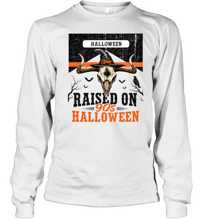 Raised On 90s Halloween Bull Skull Witch Hat Western Graphic Long Sleeved T-shirt