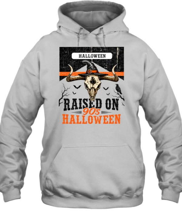 Raised On 90s Halloween Bull Skull Witch Hat Western Graphic Unisex Hoodie