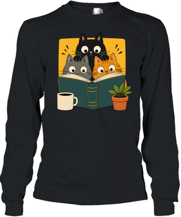 Retro Curious Reading Cats  Long Sleeved T-shirt