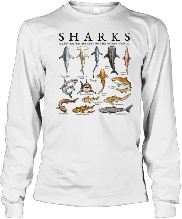 Sharks Illustrated Species Of The Ocean World Vintage  Long Sleeved T-shirt