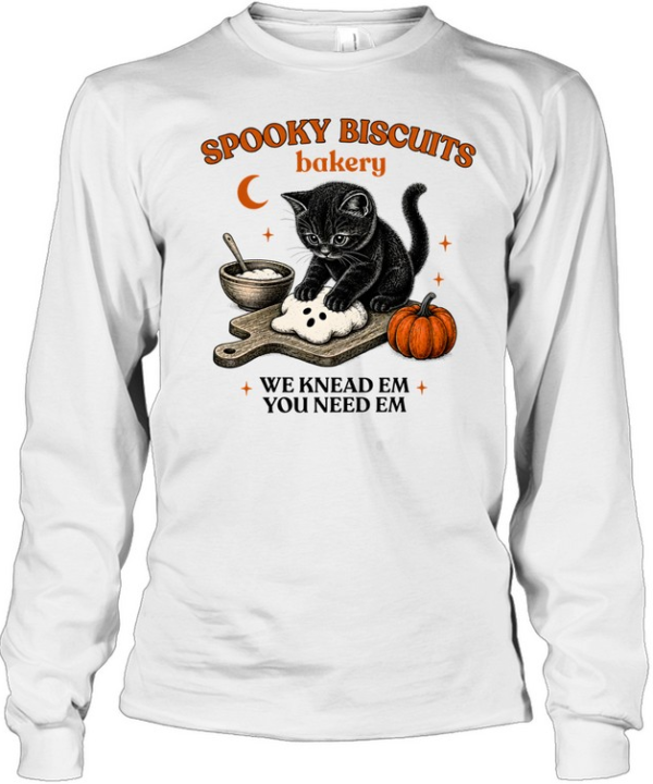Spooky Biscuits Bakery Black Cat Kneading Ghost Dough  Long Sleeved T-shirt