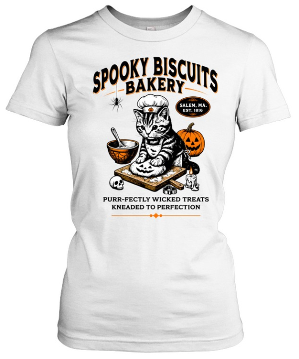 Spooky Biscuits Bakery Cat Kneading Dough Halloween  Classic Women's T-shirt