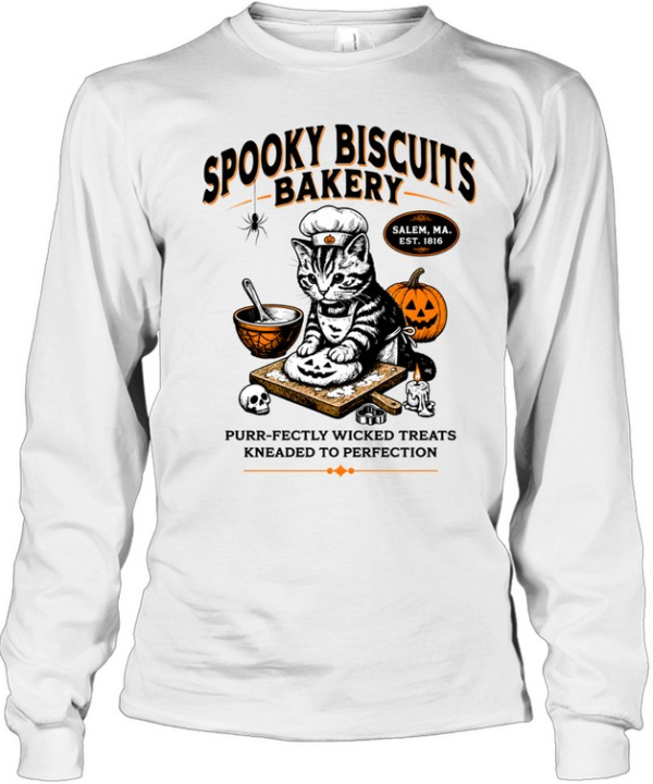 Spooky Biscuits Bakery Cat Kneading Dough Halloween  Long Sleeved T-shirt