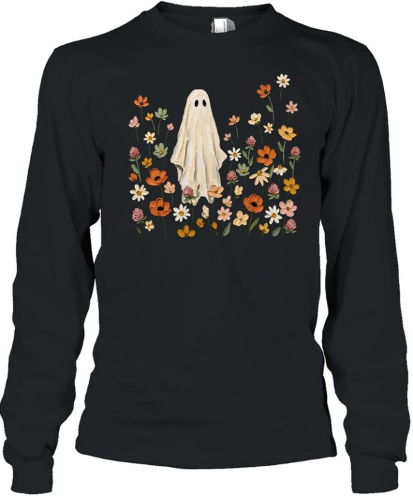 Textured Impasto Ghost in Wildflower Meadow Halloween Long Sleeved T-shirt