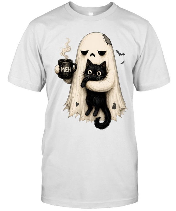 Tired Ghost Holding Black Cat Drinking Coffee Meh Halloween Classic Men's T-shirt
