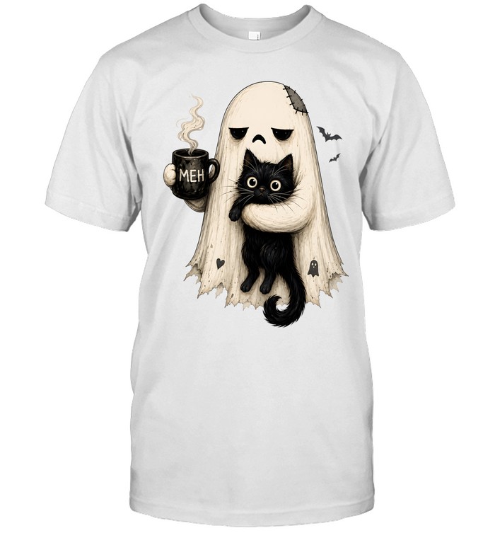 Tired Ghost Holding Black Cat Drinking Coffee Meh Halloween Classic Men's T-shirt Tired Ghost Holding Black Cat Drinking Coffee Meh Halloween Classic Men's T-shirt