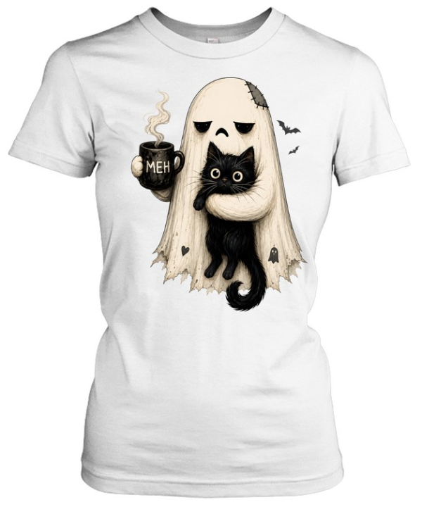 Tired Ghost Holding Black Cat Drinking Coffee Meh Halloween  Classic Women's T-shirt