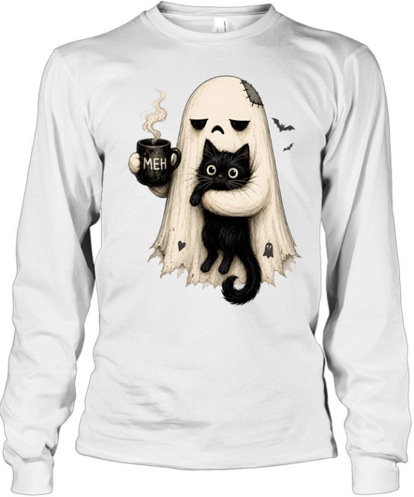 Tired Ghost Holding Black Cat Drinking Coffee Meh Halloween Long Sleeved T-shirt