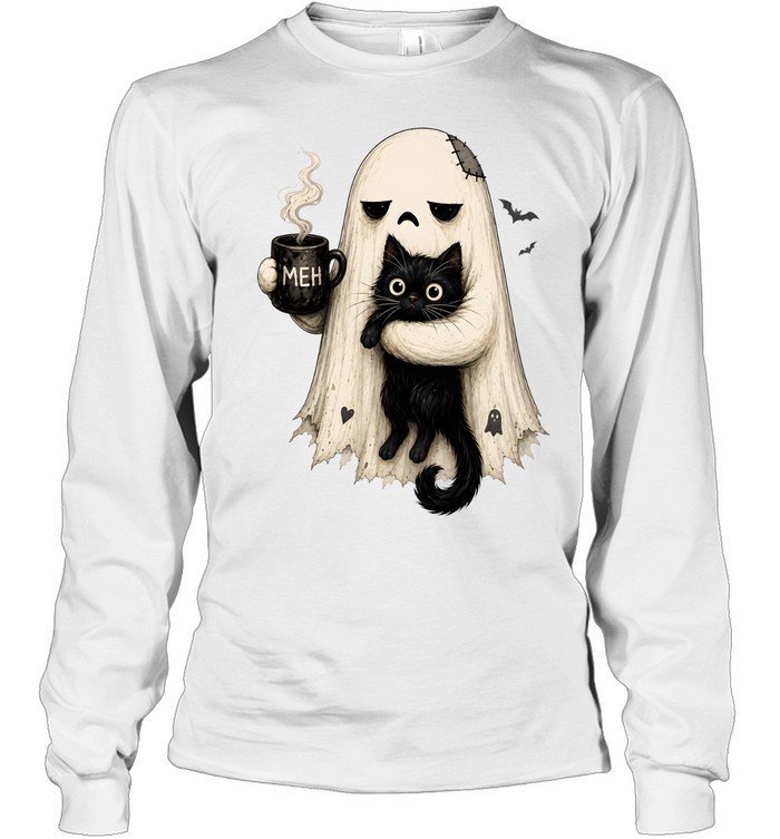Tired Ghost Holding Black Cat Drinking Coffee Meh Halloween Long Sleeved T-shirt