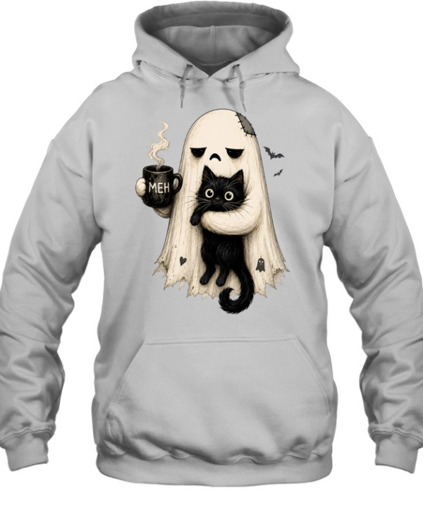 Tired Ghost Holding Black Cat Drinking Coffee Meh Halloween Unisex Hoodie