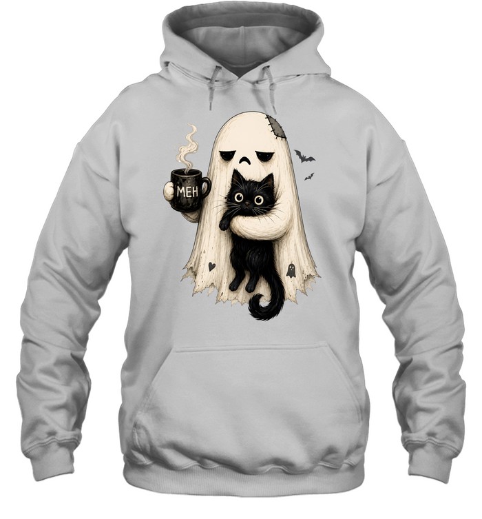 Tired Ghost Holding Black Cat Drinking Coffee Meh Halloween Unisex Hoodie Tired Ghost Holding Black Cat Drinking Coffee Meh Halloween Unisex Hoodie