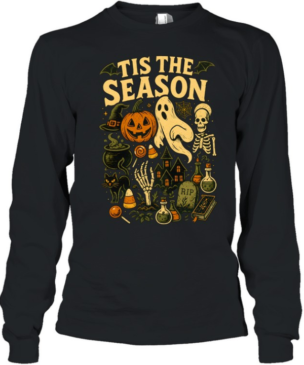 Tis The Season Spooky Halloween Elements Ghost Pumpkin  Long Sleeved T-shirt