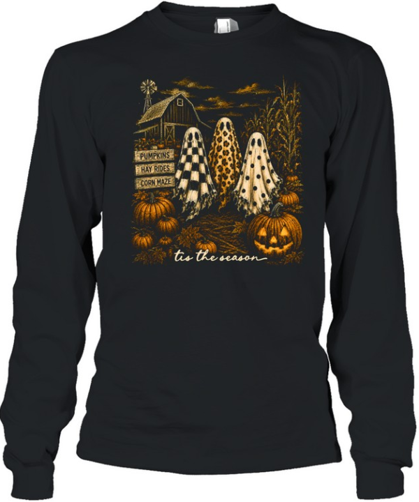 Tis The Season Vintage Farmhouse Ghosts Pumpkin Patch  Long Sleeved T-shirt